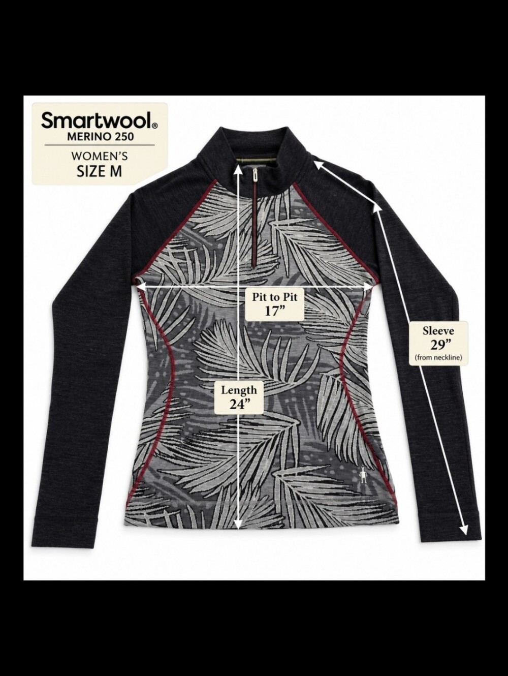 SMARTWOOL WOMEN’S MERINO 250 PALM PRINT 1/4 ZIP BASE LAYER TOP SIZE M